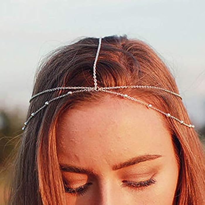Bomine Boho Beaded Head Chain Gypsy Hair Chain Festival Wedding Jewelry Headpieces Hair Acessories for Women and Girls (Silver) - Image 1